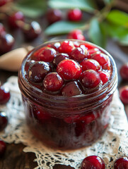 Wall Mural - Jar of cherry jam with fresh cherries on a lace doily