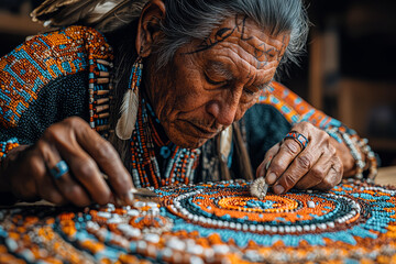 Poster - An artisan creating intricate beadwork in a workshop in a Native American community, showcasing indigenous craftsmanship. Concept of traditional art and cultural heritage.