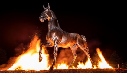 Wall Mural - a striking bronze horse sculpture dramatically surrounded by flames in a nighttime exhibition