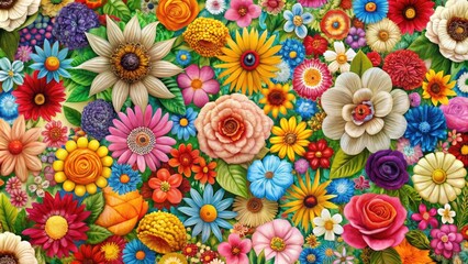 Vibrant blooming flowers of various colors and shapes scatter beautifully across a seamless, textured canvas background, creating a stunning and colorful floral pattern.