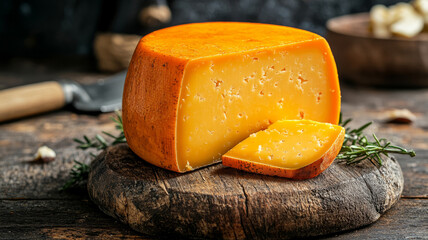 Wall Mural - A wheel of yellow cheese with a slice cut out on a wooden surface.