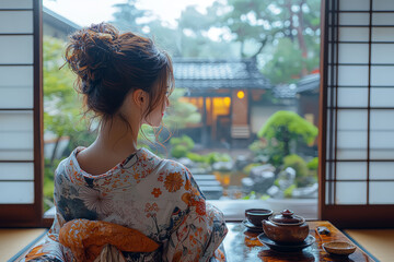 Sticker - A woman in a traditional kimono participating in a tea ceremony in a Japanese garden, emphasizing the elegance and serenity of Japanese customs. Concept of cultural ritual.