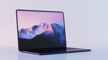 Poster - A Laptop Computer Displaying a Mountain Range at Sunset