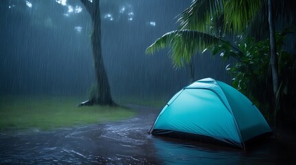 Rain on the tent in the forest, tropic, quiet, calm, peaceful, meditation, camping, night created with generative ai