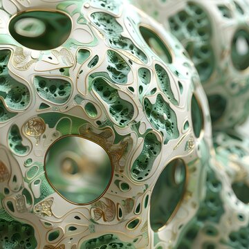 Intricate Organic Structure with Holes and Textures in Green and White