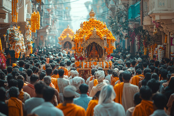 Sticker - A procession of people carrying a decorated palanquin through the streets during a cultural religious festival. Concept of devotion and community in cultural events.