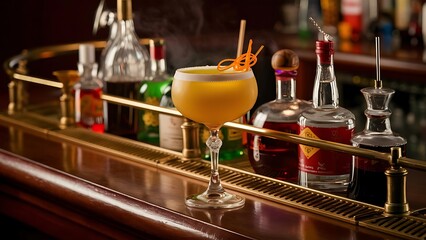 Yellow Cocktail with orange on the wooden Bar