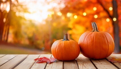 two pumpkins placed on a wooden surface with a blurred background of autumn foliage highlighting the