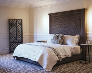 Wall Mural - Bedroom with a dark wood headboard, cream-colored walls, and a taupe-patterned carpet.