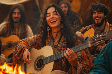 Poster - A group of people singing traditional songs around a campfire, celebrating a cultural festival. Concept of music and tradition in cultural gatherings.