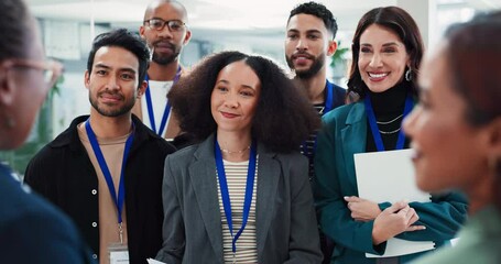 Poster - Business people, training group and team at orientation with talking of company policy, introduction and learning. Diversity, collaboration and discussion of employee responsibility and onboarding