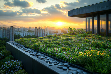 Poster - A green rooftop garden in an urban area, reflecting sustainable practices aimed at reducing the heat island effect. Concept of urban greening and energy efficiency.