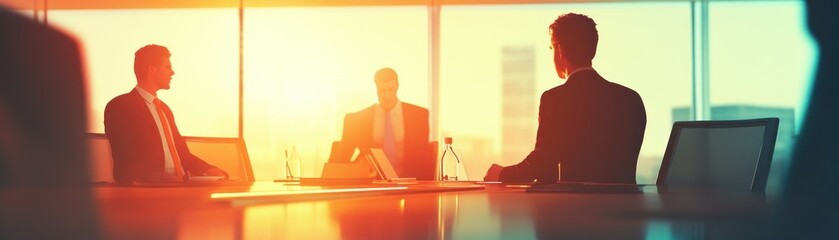 Poster - Silhouettes of Businessmen in a Meeting Room at Sunset