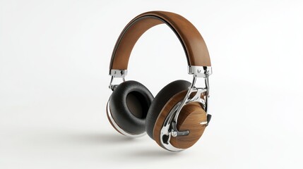 Wooden Headphones with Brown Leather Headband and Chrome Accents