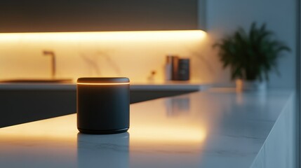 Poster - Black Smart Speaker on a Kitchen Countertop with Warm Lighting