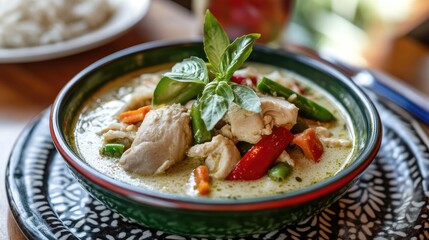 A colorful plate of Thai green curry, with tender chicken, vegetables, and fragrant coconut milk.