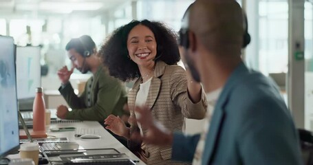 Poster - Excited woman, high five and success with call center people in customer service for sale bonus. Support, winner or virtual assistant team in workplace for lead generation goals or target motivation