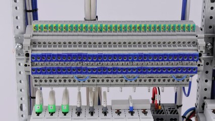 Poster - Screw through terminals  for connection of electric copper wires. Close-up.