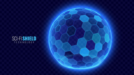 Aufkleber - Geometric Dome Shield on a Dark Background. Futuristic Glowing Protection 3D Sphere. Technology Style HUD Design Element. Hexagon Force Field Shield. Vector Illustration. Digital Security Concept.