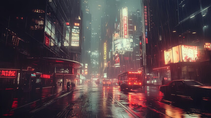 Wall Mural - Cyberpunk streets illustration, futuristic city, dystoptic artwork at night, wallpaper. rain foggy, moody empty future. Futuristic. Illustration