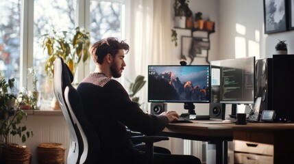Poster - European man working from home in a modern office with dual monitors and coding software