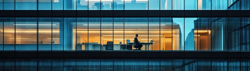 Poster - Silhouette of a Man Working Late in a Modern Office Building