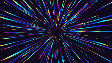 Fototapete - Abstract Rainbow Halo Rays on Transparent Background. Starburst or Sunburst with Rainbow Colors. Anime Burst Light Rays. Holographic Lens Flare Reflections Design Element. Vector Illustration.