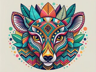 Wall Mural - Whimsical illustration of a stylized animal head with bold lines, vibrant colors, and geometric patterns, blending modern design with playful, hand-drawn charm.