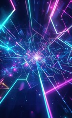 Poster - Futuristic abstract background with neon light beams and geometric shapes in a colorful digital landscape