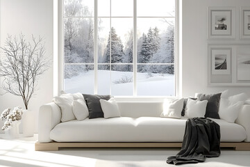 White room with sofa and winter landscape in window. Scandinavian interior design