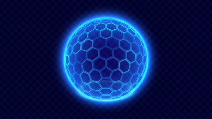 Leinwandbilder - Geometric Dome Shield on a Dark Background. Futuristic Glowing Protection 3D Sphere. Technology Style HUD Design Element. Hexagon Force Field Shield. Vector Illustration. Digital Security Concept.