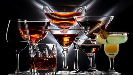 Different glasses of alcoholic drinks backlit with reflection