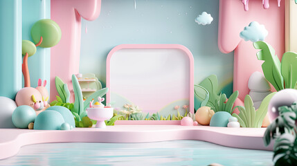 Sticker - Pink cartoon landscape blank frame background fantasy nature green plant fresh summer product display 3D rendering