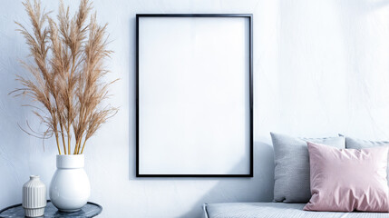 Poster - Minimalist living room interior with mockup frame vase pampas grass and sofa home decor interior design home interior mockup neutral interior home decor trends mockup frame on wall mockup poster frame