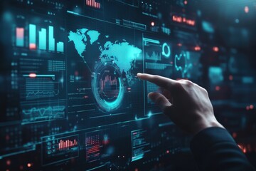 Poster - Hand reaching towards a futuristic holographic interface with world map and data analytics visualization