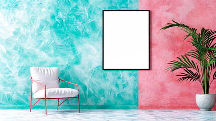 Sticker - Modern interior with blank picture frame white armchair and green plant over pink and blue wall background living room decoration