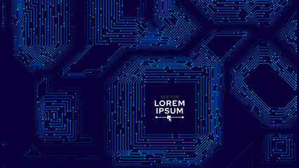 Poster - Blue Digital Circuit Trace Lines Technology Background. Abstract Digital Tech Bg. Electronics and Computer Technology Concept. Chip And Circuit Board. Vector Illustration. Chip Connectors.