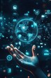 © Georgii - Futuristic holographic globe hovering above a hand symbolizing global network, technology innovation, and digital connectivity in a modern international business environment