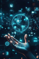 Poster - Futuristic holographic globe hovering above a hand symbolizing global network, technology innovation, and digital connectivity in a modern international business environment