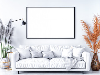 Sticker - Minimalist living room interior with white sofa blank picture frame lamp and plants home decor ideas