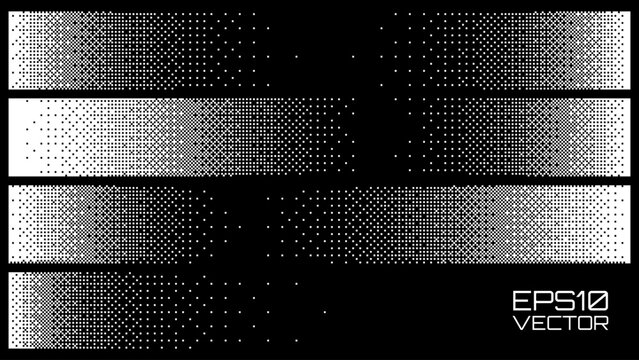 Abstract Y2K Pixel Gradation Dithering Halftone Fade Gradation Effect Graphic Design Elements Set. Bitmap Raster Dithering Transition Effect. Bold Brutalist Design. Vector Illustration.