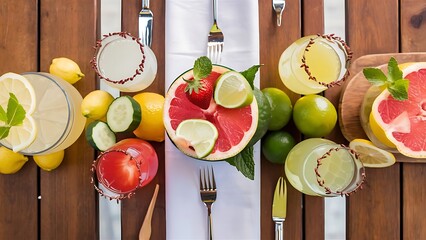 Lemonades with lemons, cucumbers, limes, grapefruits, strawberries, mint leaves and garnet seeds served on wooden table.