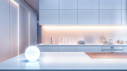 Modern minimalist kitchen interior design white cabinets light glowing countertop furniture house home decor architecture contemporary new luxury style sink faucet elegant apartment