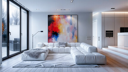 Poster - Modern living room interior white sofa minimalist design home decor bright spacious apartment contemporary house