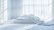 © Graphic Dude - White bedroom interior minimalist bedding design hotel room suite luxury apartment home decor sleep rest relax morning sun light bright window curtains furniture modern architecture comfortable