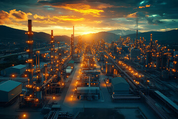 Poster - Drone shot of a modern industrial area with large factories and warehouses, highlighting the scale of industrial operations. Concept of industrial infrastructure and production.