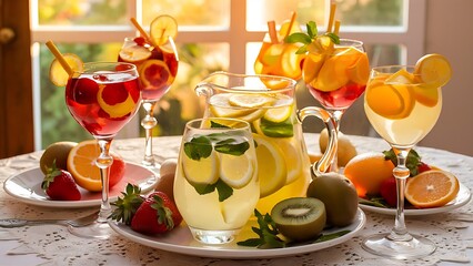 Fresh fruit summer drinks in glasses on table