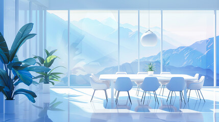 Poster - Modern dining room interior design with white table chairs and panoramic windows with mountain view luxury apartment interior design nature view background penthouse home design interior