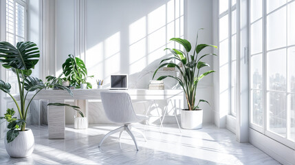 Poster - White home office interior white desk chair plants window natural light minimalist design airy bright workspace comfortable modern elegance