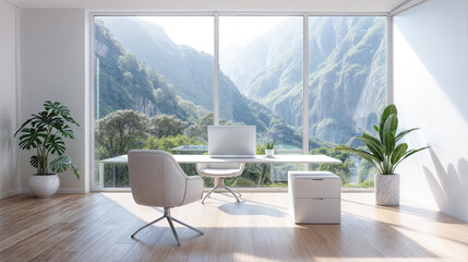 Poster - Minimalist home office interior with mountain view laptop desk plants and chair modern design workspace